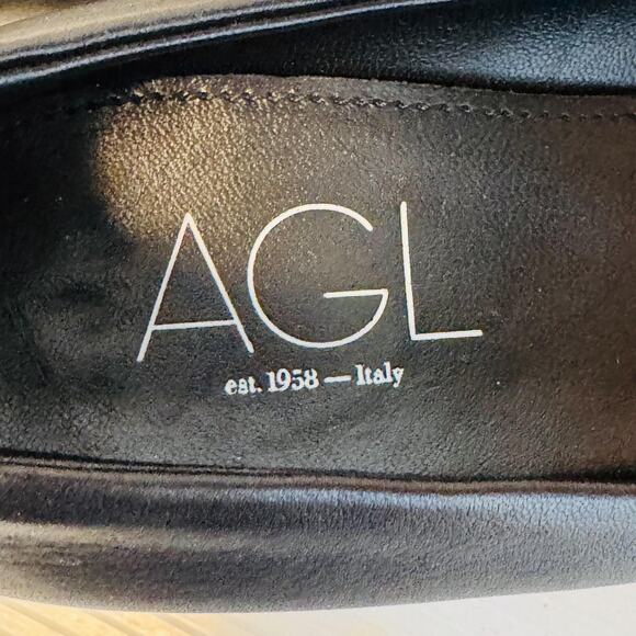 AGL Shoes Womens 8 Black Leather Pumps Pointed Toe Slip On Classic Block Heel - Picture 9 of 11
